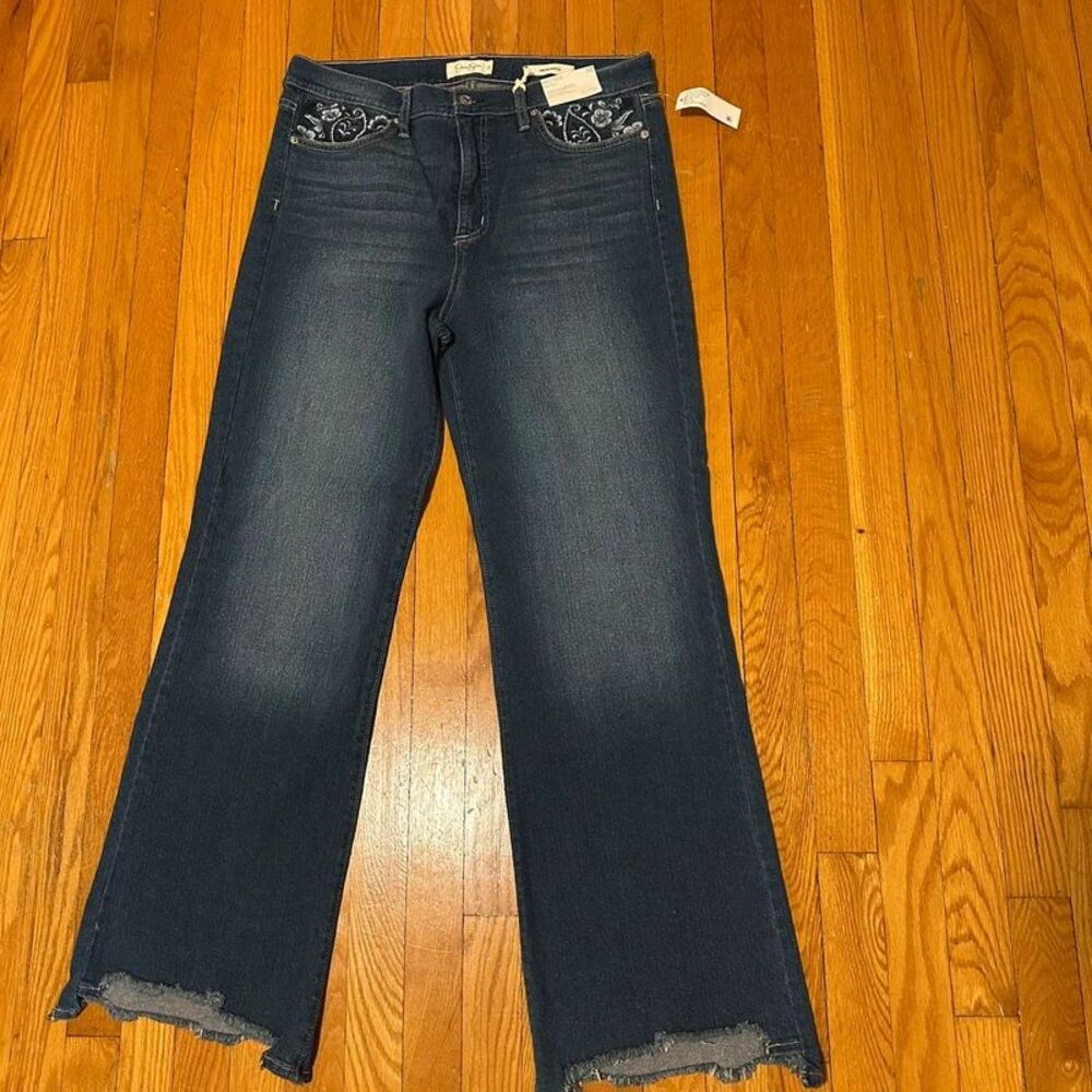 Jessica Simpson Women 32 Mid Rise Bootcut Jeans Embroidered Pockets Hem denim